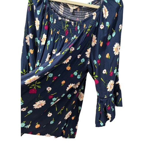 Terra & sky Floral Blue Rayon Peasant Top Smocked Bodice & Bell Sleeves Sz 1X - Picture 7 of 12